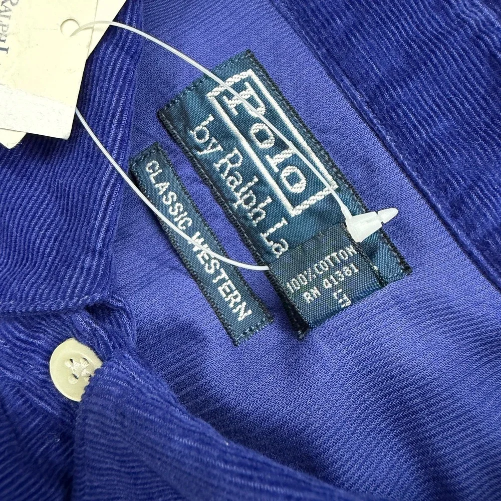 NWT Vtg Polo Ralph Lauren Classic Western Corduroy Shirt Mens M Blue Pearl Snap